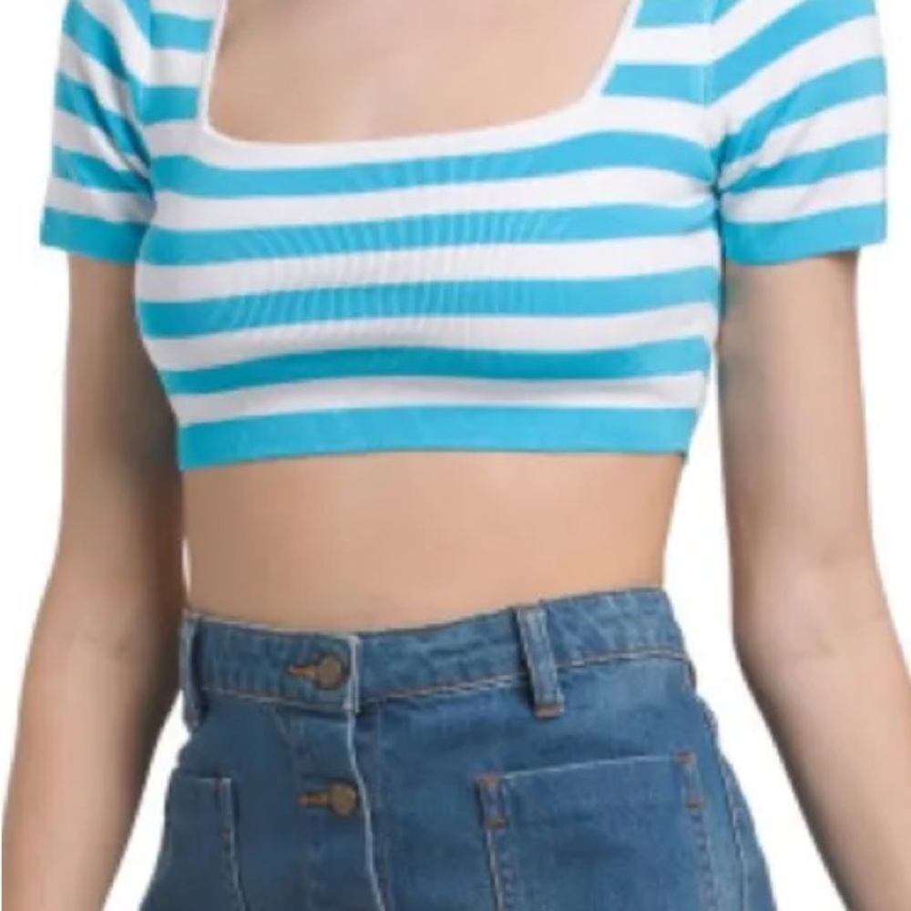 Zara White and Blue Ribbed Crop Top